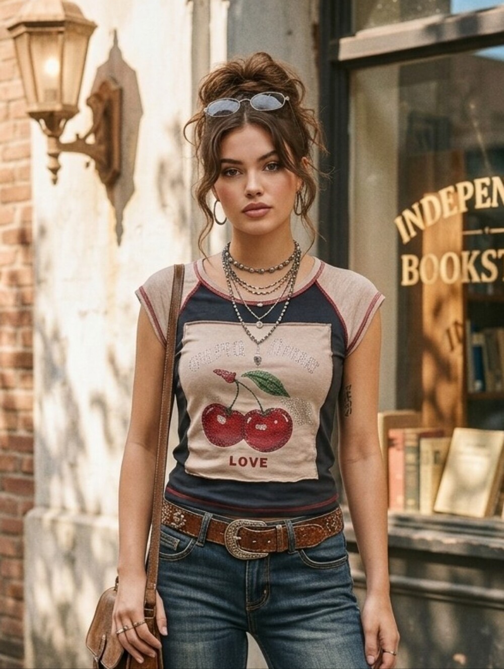 ​Y2K Shein Cherry Graphic Rhinestone Tank Top Streetwear Downtown Girl Medium